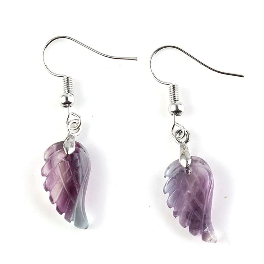 KFT Wholesale Natural Carved Crystal Reiki Stone Earring Lapis Lazuli Amethysts Angel Wing Dangle Hook Drop Stone Women Earrings