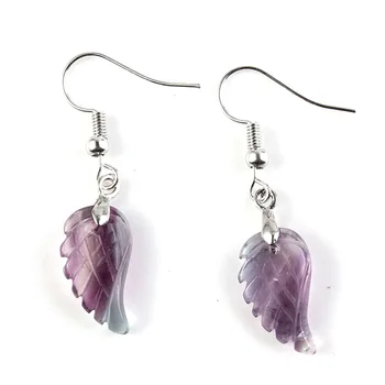KFT Wholesale Natural Carved Crystal Reiki Stone Earring Lapis Lazuli Amethysts Angel Wing Dangle Hook Drop Stone Women Earrings