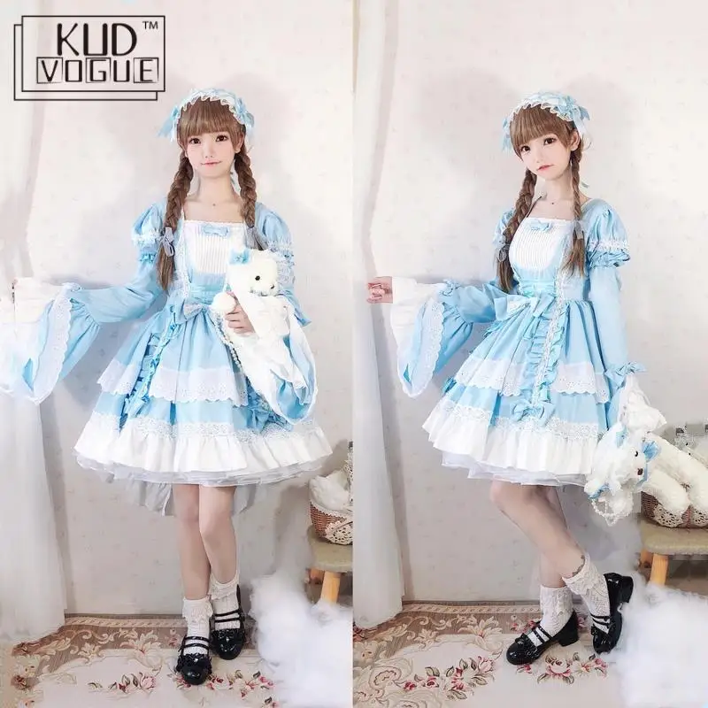 Vintage Women Lolita Girls Dress Summer Short/Long Sleeve Lace Trim Bowknot Ruffles Sweet Kawaii Op Cosplay Party Prom Women