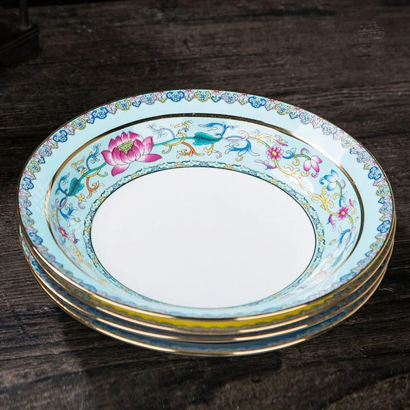 

8inch Enamel Dinner Plate Palace Dinnerware Jingdezhen Porcelain Deep Plates Beautiful Salad Fruit Dish Round Dishes Tableware