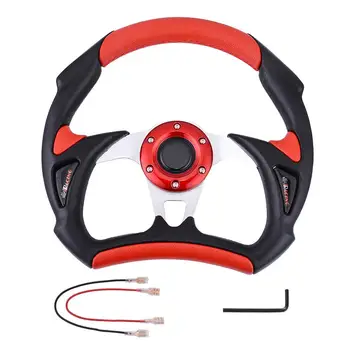 

Black Red Aluminum Flat Dish Car Steering Wheel with Horn Drifting JDM Racing Sport Leather Effect