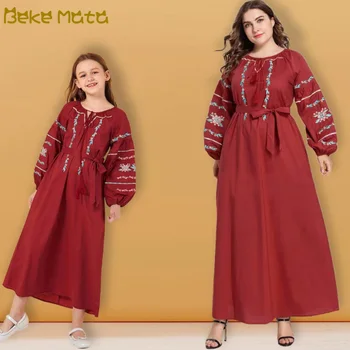 

Mother Daughter Dresses Muslim Floral Embroidery Mom And Daughter Long Maix Dress Mommy And Me Clothes Matching Family Outfits