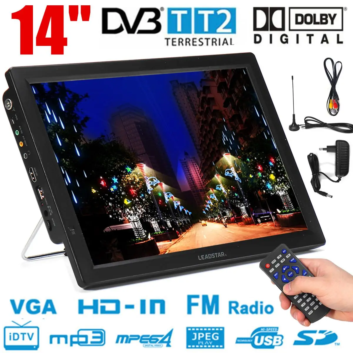 

D14 14 inch HD Portable TV DVB-T2~ATSC Digital Analog Led Television Mini Small Car TV Support MP4 AC3 HDMI Monitor for PS4