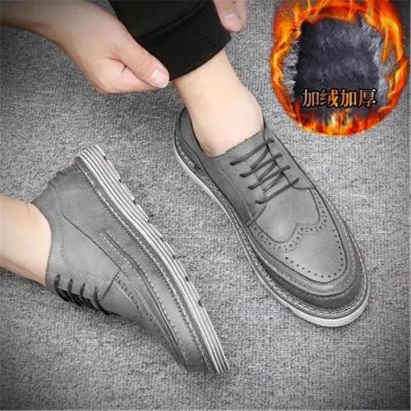 Men's shoes winter plus velvet with the same British casual shoes - Цвет: Gray and velvet