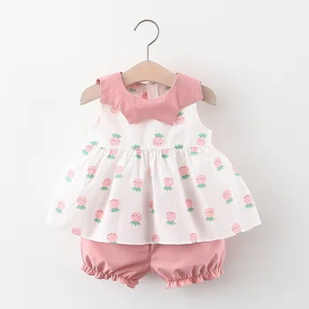 

2020 Summer Girls Sets Wave Collar Print Fruit Tops and Shorts