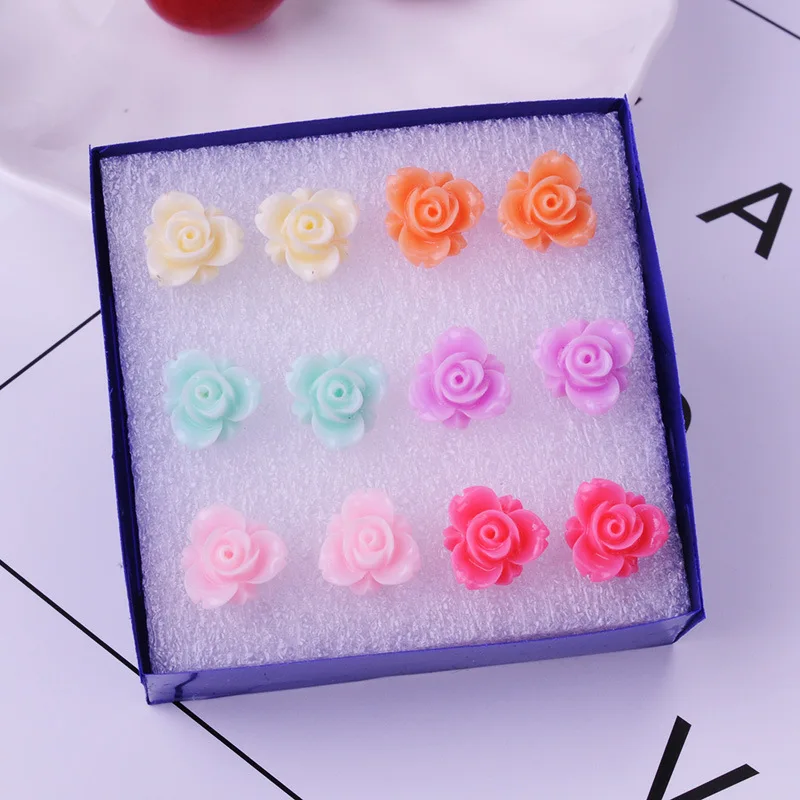 8Seasons New Fashion Colorful Rose Chrysanthemum Flower Plastic Stud Earrings Set For Women Party Club Earrings Jewelry,1Set - Metal Color: 9