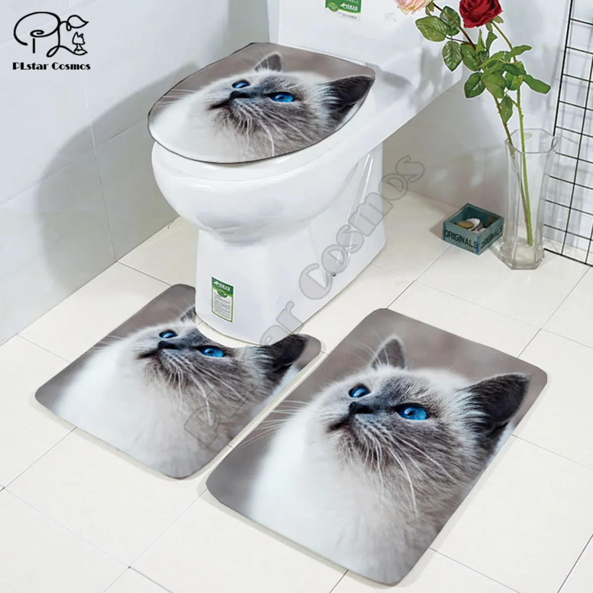 Cute cat pattern Cartoon funny Stitch 3D printed Bathroom Pedestal Rug Lid Toilet Cover Bath Mat Set style-3