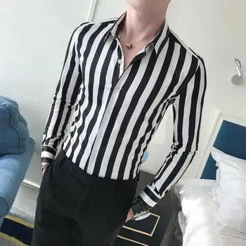 

Long sleeve Shirt Men clothing Casual Fashion Stripes Shirt for Men Dress Blouse Male Slim fit Black Coffee