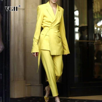 

VGH Elegant Two Piece Set Women Lapel Collar Long Sleeve High Waist Lace Up Bow Blazer High Waist Pants Casual Suits For Female