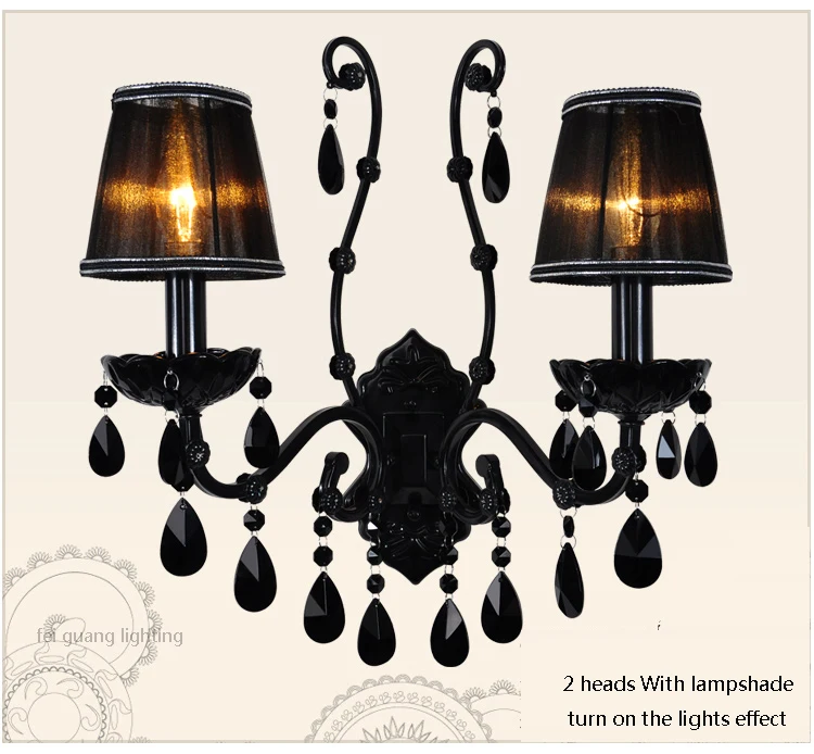 Европейский черный хрустальный настенный светильник, прикроватная лампа для спальни, современный минималистичный светильник для гостиной, лестничная лестница, ретро железная настенная лампа 110-265 в - Цвет абажура: 2 head With shade