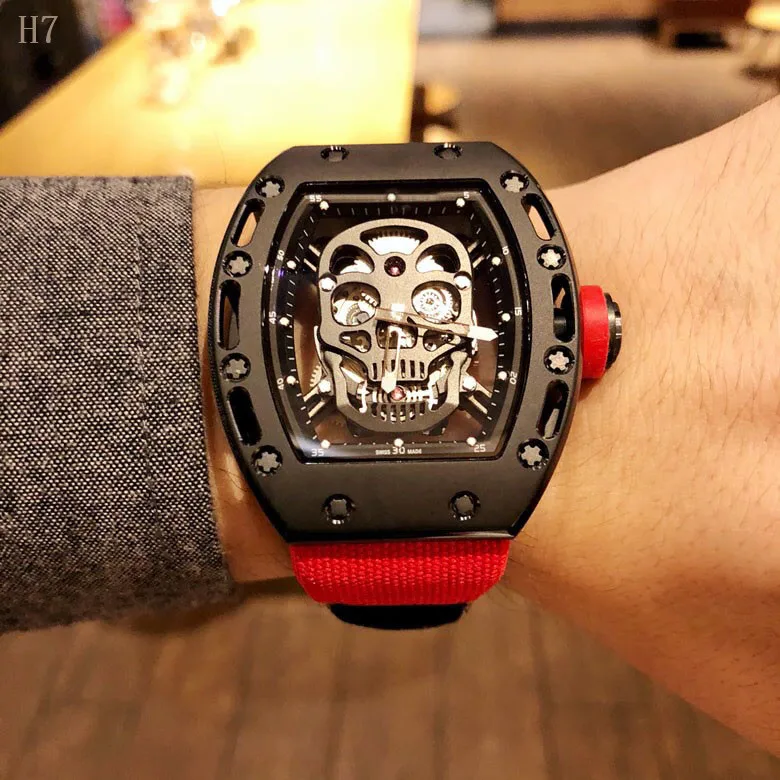 

New Watch Men Automatic Mechanical Sapphire Glass Military Canvas Red Leather Strap Rectangle Dial Skull Face Watches 3D Scrub
