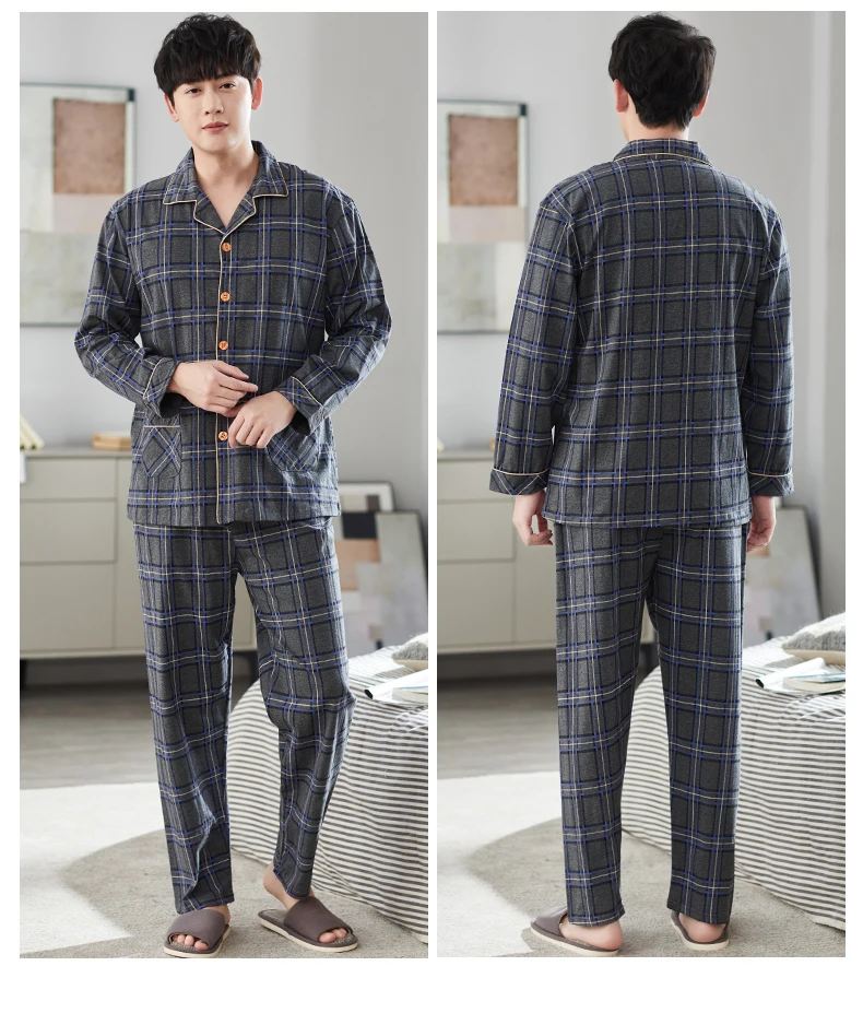 Men Pyjama Set Full Cotton Spring Long Sleeve Print Men Pajama Suit Autumn Nightwear Collar Pijama Male Sleepwear Two Piece 4XL mens cotton pyjamas