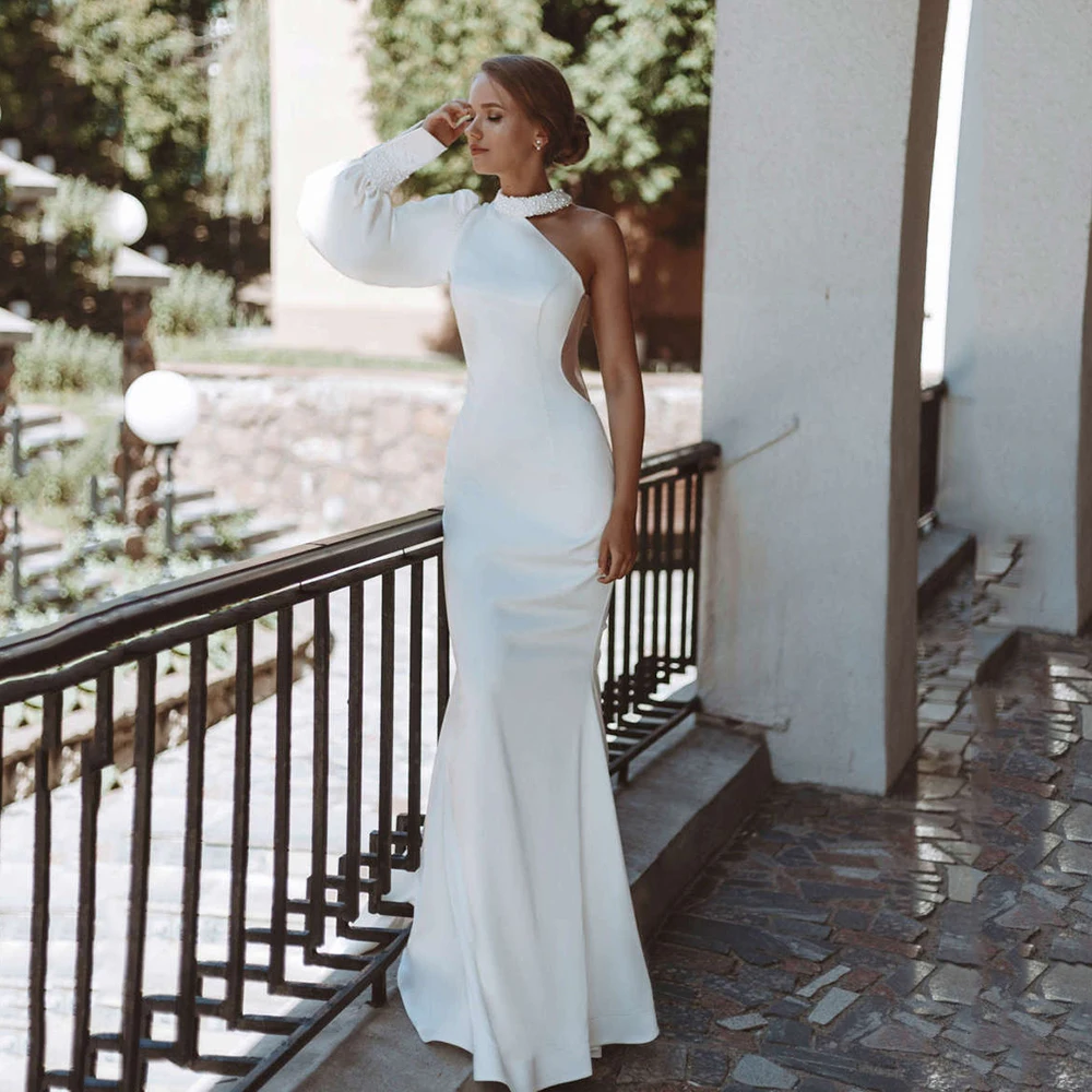 

UZN Ivory Boho Wedding Dress Mermaid 2021 O-Neck One Shoulder Puff Sleeve Backless Satin Bridal Gown Custom Made Bohemian