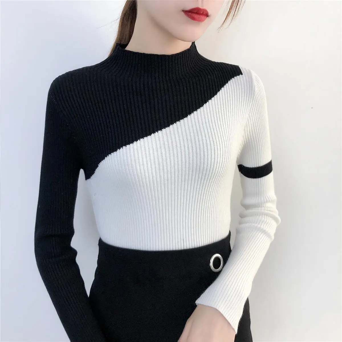 

Color Block Sweaters And Pullovers Women Autumn Winter Basic Tops Long Sleeve Stand Collar Knitted Tops Female Ribbed Sweater