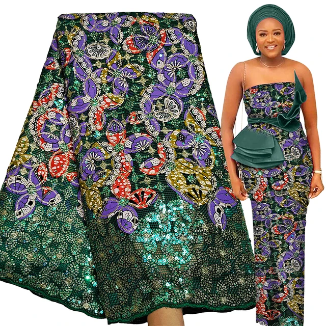 Bestway Net Lace Fabric 2021 High Quality Sequins Embroidery Nigerian Robe Sewing Material 5 Yards African Lace Fabric Printed teal-as pic