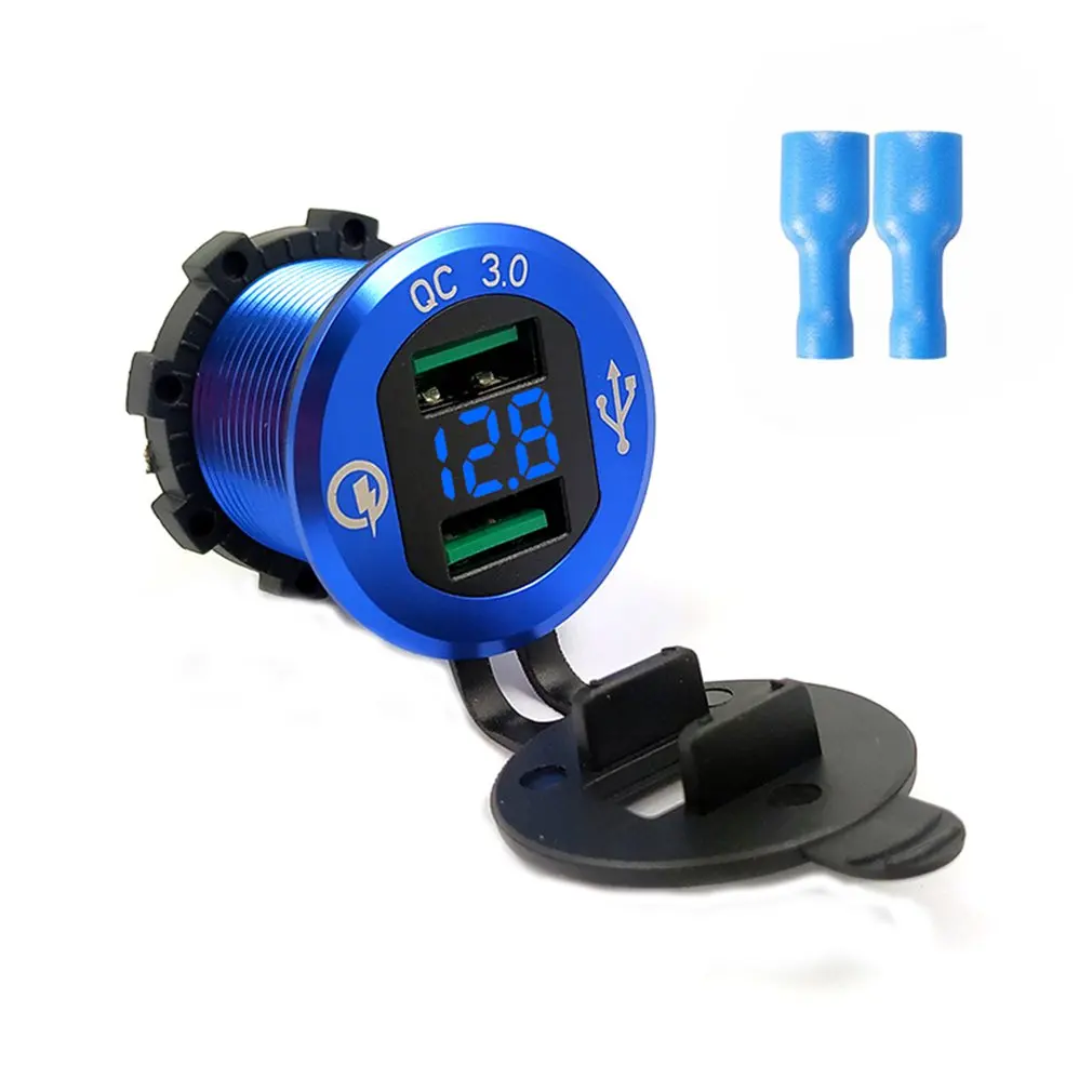 9V 12V 18W Car Charger Charge Socket QC3.0 USB Port LED Volt Display for Phone Tablet Navigator Blue Shell Blue Lamp