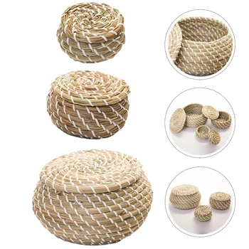 

1 Set 3pcs Stylish Reusable Straw Hand Woven Storage Baskets Wicker Baskets with Lid For Office Bathroom Home