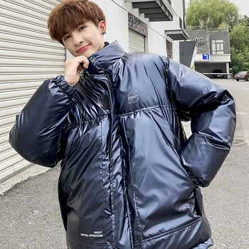 

2019 Winter New Plus Velvet Korean Couple Fashion Bright Leather Men Loose Solid Color Casual Street Art Cotton Coat