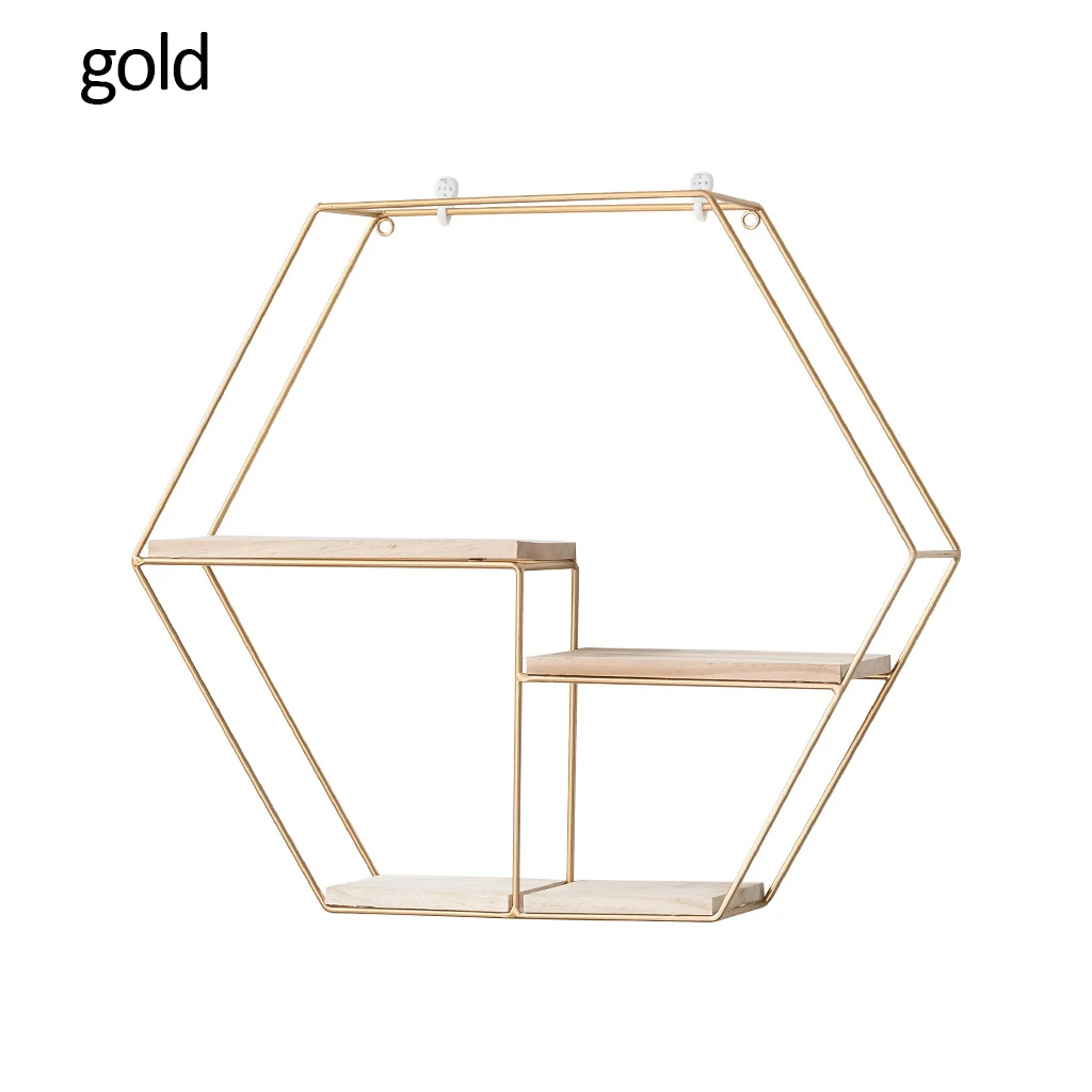 gold hexagon 07 Лидер продаж металлические стеллажи для хранения деревянный подвесной Декор коробка для хранения цветочный горшок дом стеллаж ремесла полки настенные книги статуэтки дисплей - Цвет: gold hexagon 07