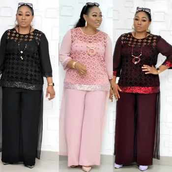 

Elegant African Dovetail skirt Set Cloak Tops Lace Sequins Pants Suits Dashiki Dress Bazin Robe Gowns Evening Party Hipster