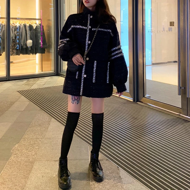 RICININA Women Jacket Winter Woolen Coats Buttons Pockets Patchwork Oversize Coat Jackets Women Long Sleeve Casual Outwear