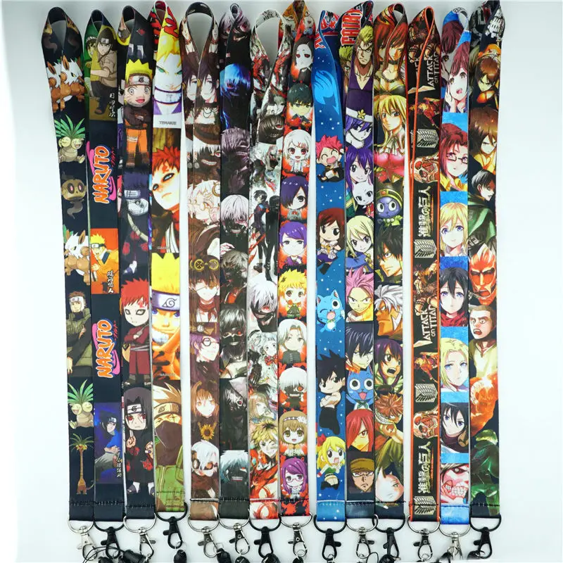 Anime dos desenhos animados tóquio ghoul fairy tail attack on titan pescoço cinta cordão do telefone móvel chaveiro câmera crachá titular corda colhedores|Chaveiros| -