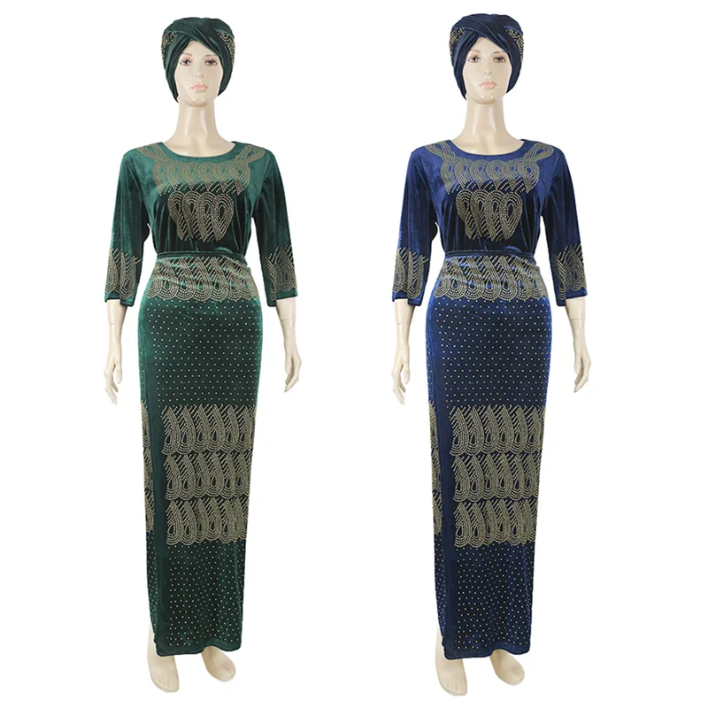 Plus Size Velvet Dress Dashiki African Clothes For Women 3 Pieces Set Top Skirt With Headtie Ladies Long Maxi Party Dresses Robe