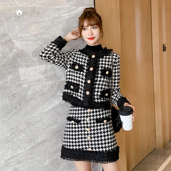 

2019 Autumn Winter Women Houndstooth 2 Pieces Clothing Sets Ladies Woolen Tweed Short Jacket Coat+Golden Button Short Skirt Suit