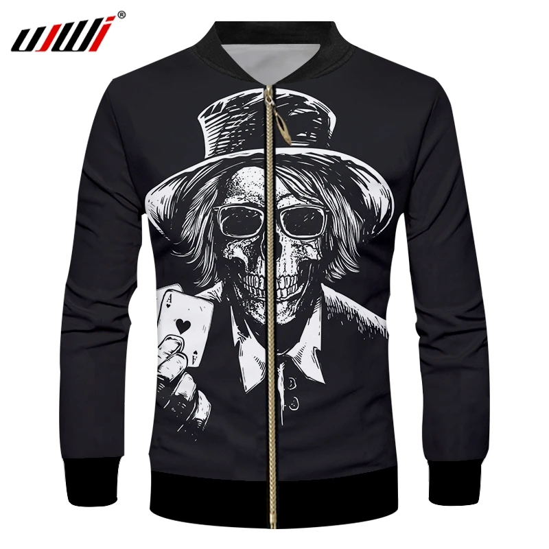 UJWI 3D Jacket Men poker Skull Q&ampK Harajuku Autumn Coat Fashion Overcoat Mens Casual Pilot Jackets Baseball Loose 5XL | Мужская