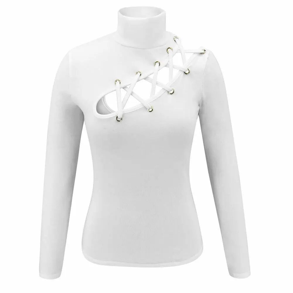 Womens Sexy Slim Fit Long Sleeve T-shirts Lace-Up Eyelet Hollow Out T-Shirt High Neck T Shirts Tops Slim Stretch Ladies Tee Top