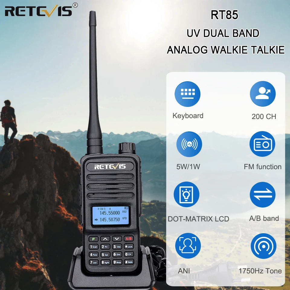 Retevis RT85 Analog Walkie Talkie UV Dual Band 5W Handheld Two Way Radio with Screen Keyboard VOX FM Radio Portable Transceiver