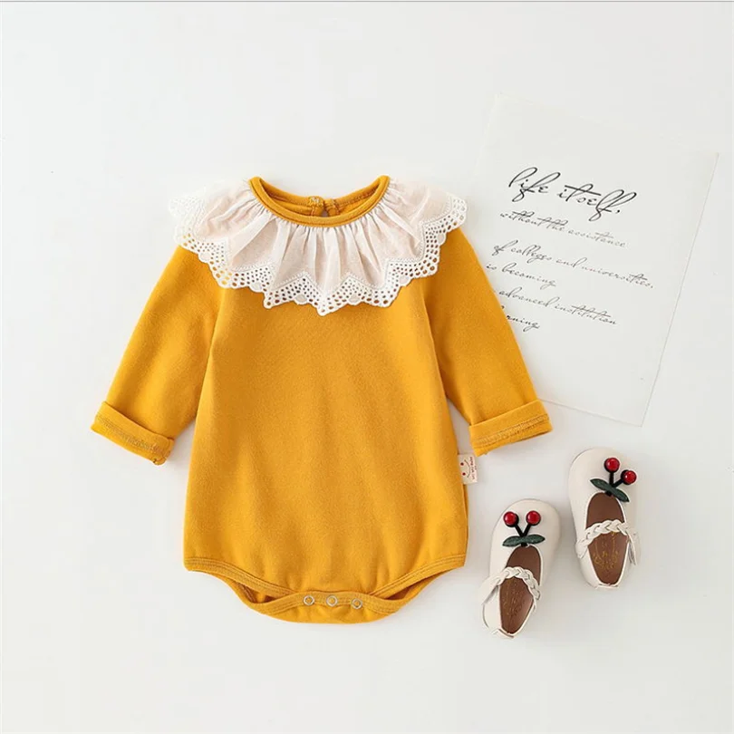 Комбинезон для новорожденных девочек; Весенняя детская одежда с кружевными оборками для девочек; хлопковый комбинезон с длинными рукавами для маленьких мальчиков; комбинезон для малышей - Цвет: Золотой