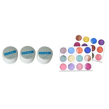 

3 Pcs UV Builder Gel Nail Art Tips Glue & 12 Pcs Holographic Nail Powder Tools