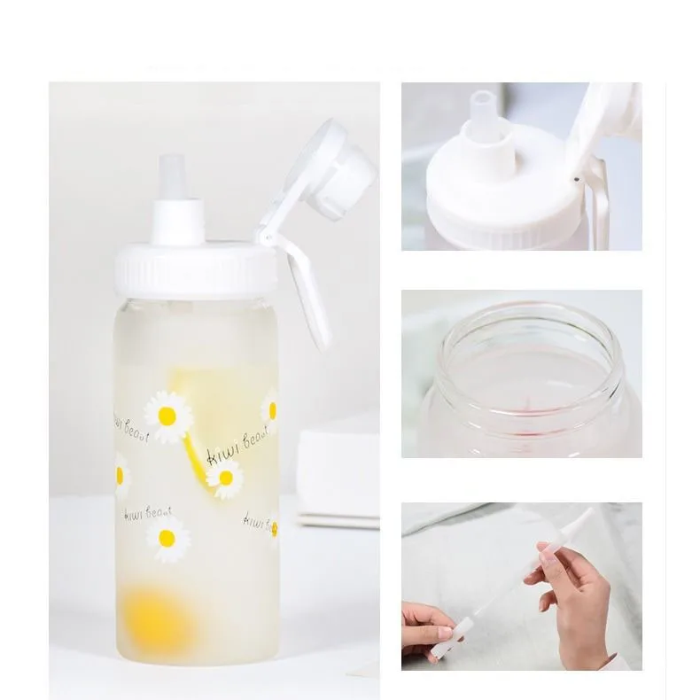 500ml Kawaii Small Daisies Milk Water Bottle With Straw Portable Leakproof Frosted Glass Fashion Cute Drinking Coffee Cup