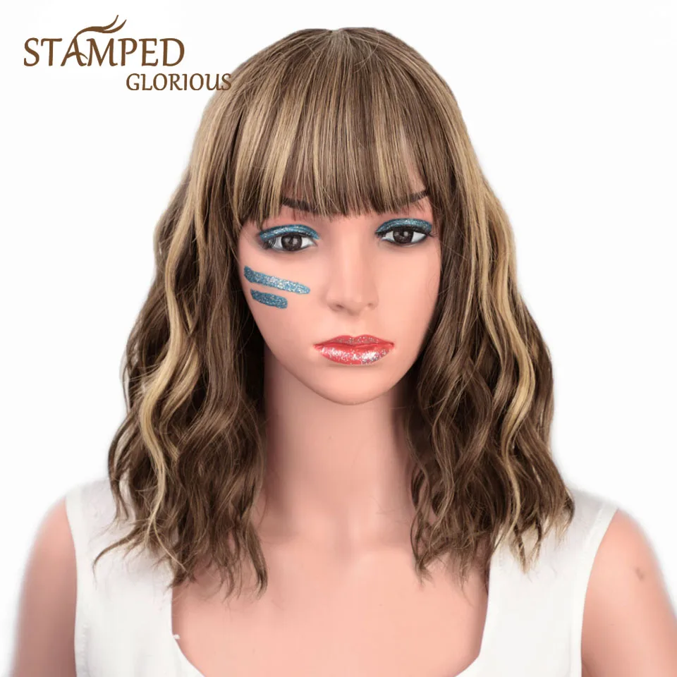 

Stamped Glorious 14inches Natural Wave Short Wig Mixed Brown and Blonde With Bangs Heat Resistant Synthetic Wigs for Black Women