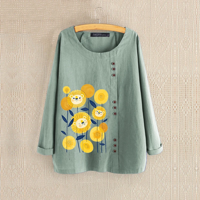 Style 3 Light Green ZANZEA, осенняя блузка, Женская Повседневная рубашка с длинным рукавом, женские блузки с цветочным принтом, Женские винтажные топы с принтом, хлопковые льняные блузки - Цвет: Style 3 Light Green