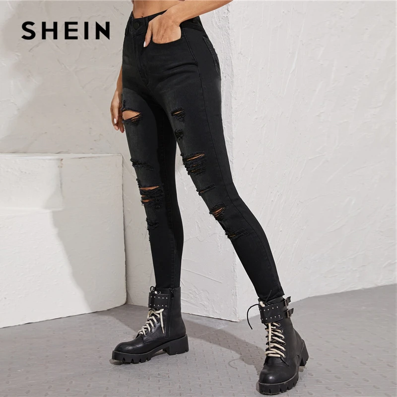 SHEIN черные потертые края рваные обтягивающие укороченные джинсы женские осенние рваные повседневные джинсовые брюки со средней талией