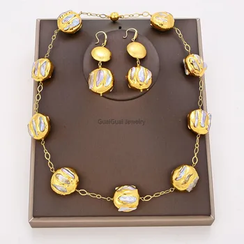 

GuaiGuai Jewelry Natural Freshwater White Biwa Pearl Coin 24 KT Gold Plated Necklace Bracelet Earrings Sets