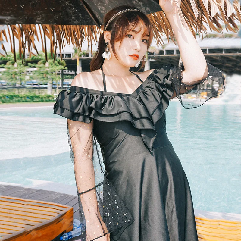 

Fat Mm Large Size Tour Bathing Suit Women's Belly Covering Slimming New Style Flounced off-Shoulder Conservative Skirt One-piece