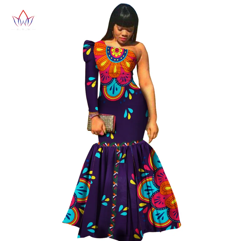 Летнее платье, африканская ткань, платья с принтом, на одно плечо, с длинным рукавом, платье русалки, макси платье, женское, плюс размер, одежда 6XL, WY346