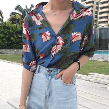 

Vintage Summer Style Blouses Shirts Fashion Floral Printed Shirts Tops Female Thin Beach Wear Vacation Blusas