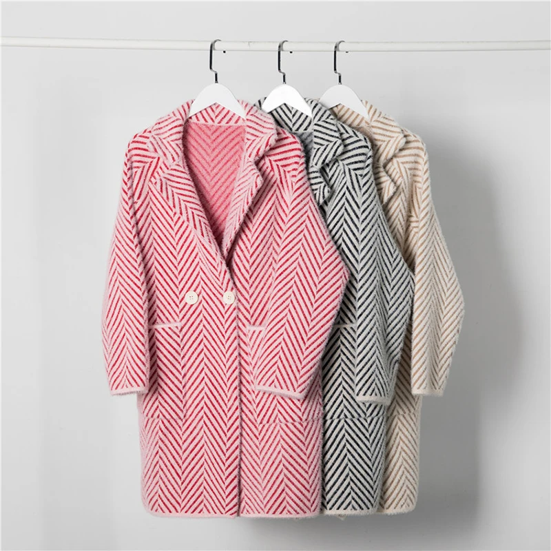 

Artificial Mink Cashmere Comfortable Long Sweater 2019 Winter Women Warm Cardigans knit Sweaters Female Tops Stripe New Coat