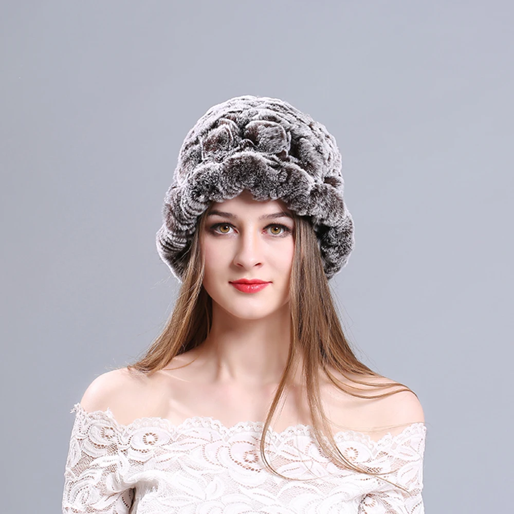 Winter Women Real Fur Hats Fashion Ski Hat Ear Warmer Elastic Rabbit hair Cap Thick - Цвет: Coffee-Gray