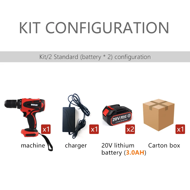 WOSAI 20V электрическая отвертка аккумуляторная электрическая мини-дрель литий-ионная Батарея работает Перезаряжаемые Мощность инструменты 2-Скорость - Цвет: Kit 2
