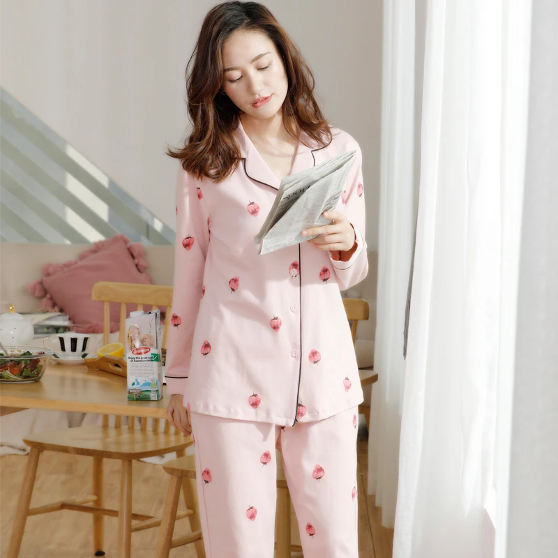 

Pajama women's new autumn long sleeve cotton strawberry Korean Japanese home wear cardigan Pants Set