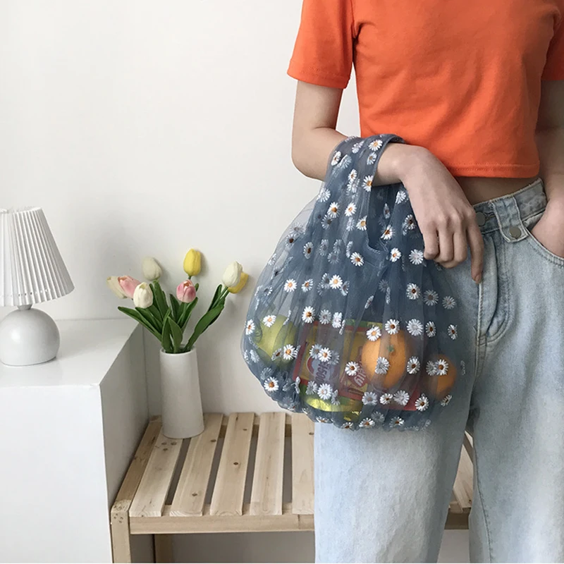 

2020 Spring Women Small Transparent Tote Mesh Cloth Bag Daisy Embroidery Handbag High Quality Eco Fruit Bag Purse For Girls