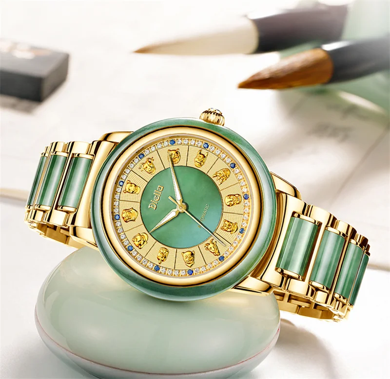 Luxury Brand Top natural Jade Wristwatch Women gold-plated diamond Couple Watch Fashion 12 Zodiac embossed Business Men Clock