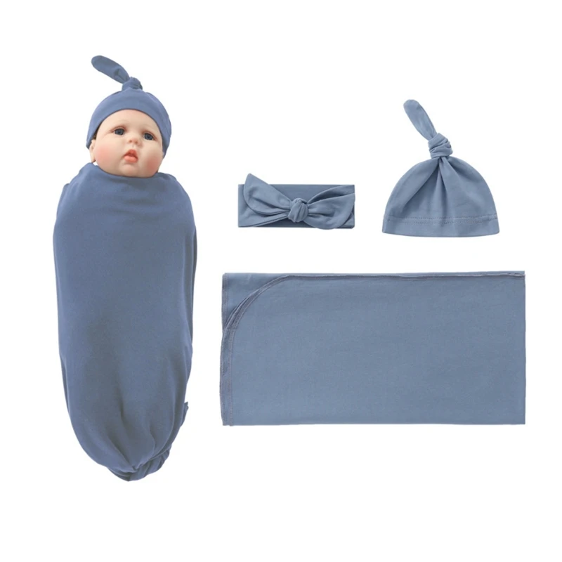 Newborn Swaddling Wrap+Headband+Hat Set Baby Receiving Blanket Sleepsack Hair Band Baby Bonnet Blanket Boys Girls Shower Gift 3