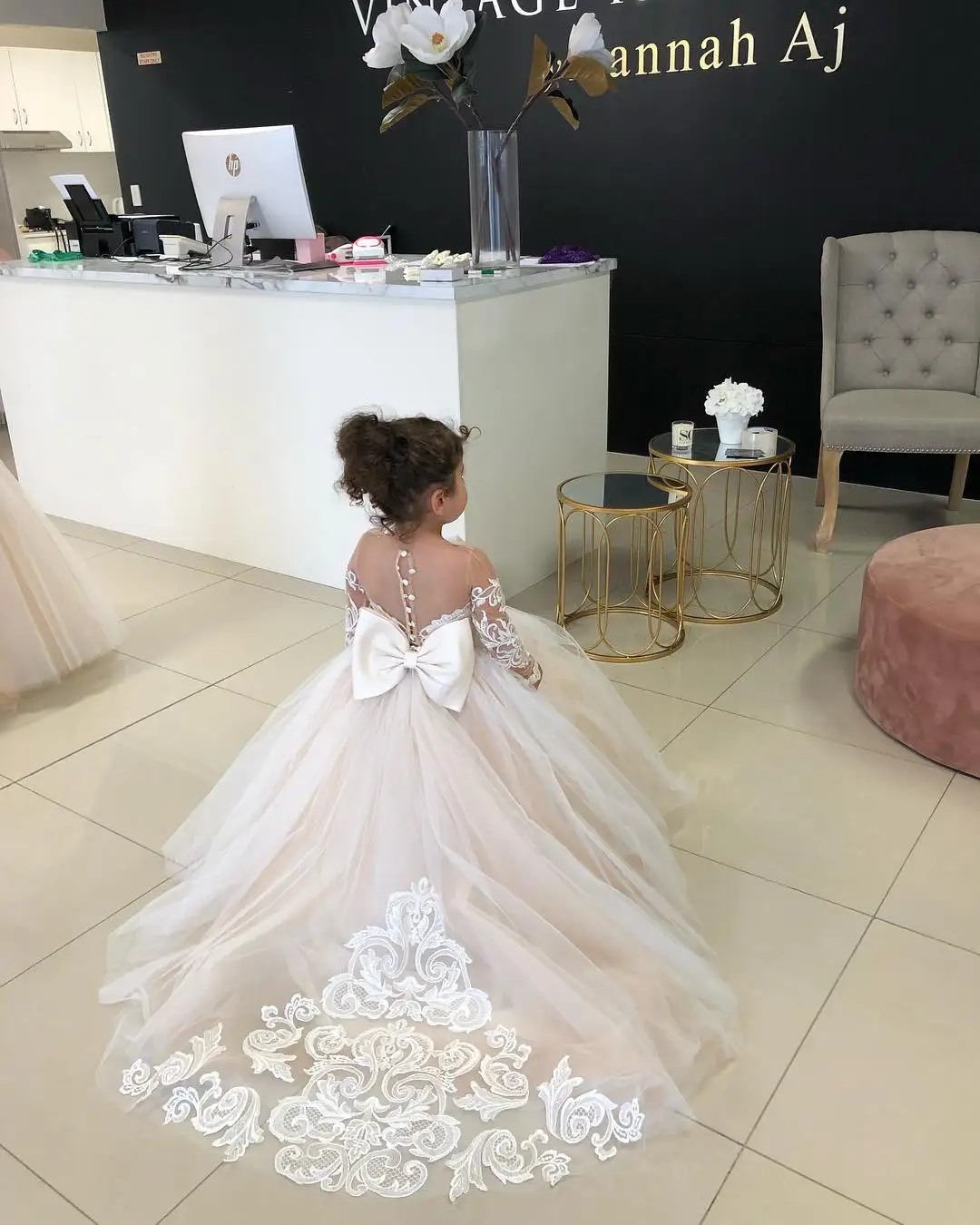 Lovely Champagne Flower Girl Dresses For Wedding Tulle Lace Long Sleeves  Ball Gown Kids Wedding Party For Birthday