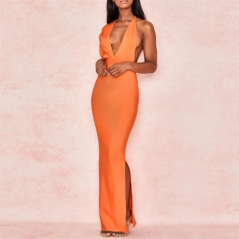 Orange Black Long Dress Women Sexy Backless One Shoulder Vestidos Fashion Celebrity Evening Party Bodycon Maxi Knitted Dresses